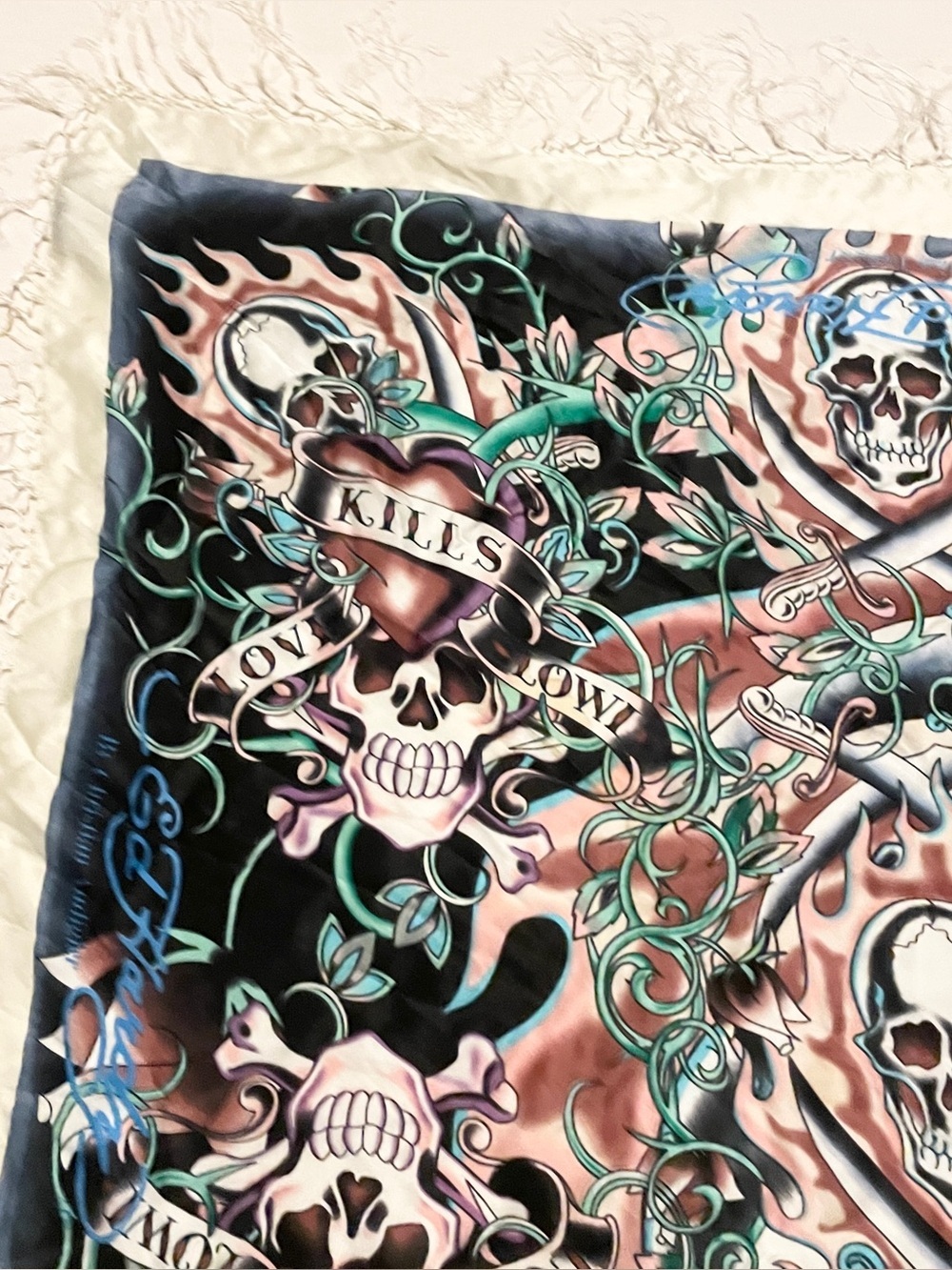 VTG Ed Hardy Christian Audigier Love Kills Slowly Fringe Silk Scarf Shawl - Picture 8 of 16